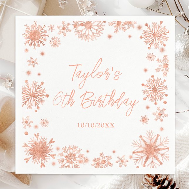 Rose Gold Snowflakes Birthday Party Napkins (Creator Uploaded)