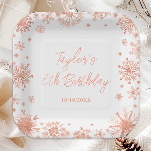 Rose Gold Snowflakes Birthday Party Paper Plates