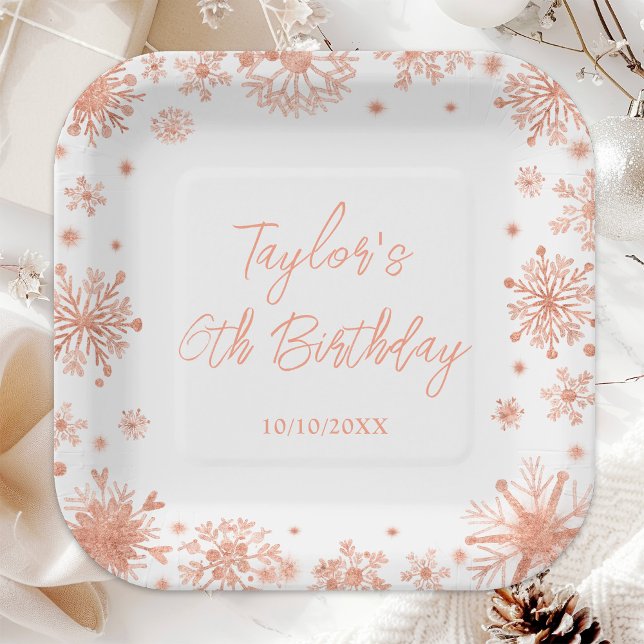 Rose Gold Snowflakes Birthday Party Paper Plates (Creator Uploaded)