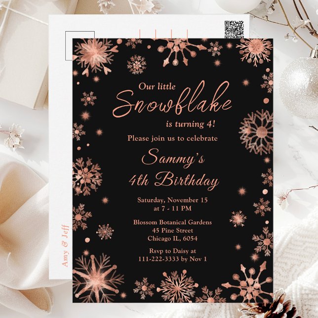 Rose Gold Snowflakes Birthday Party Postcard (Creator Uploaded)