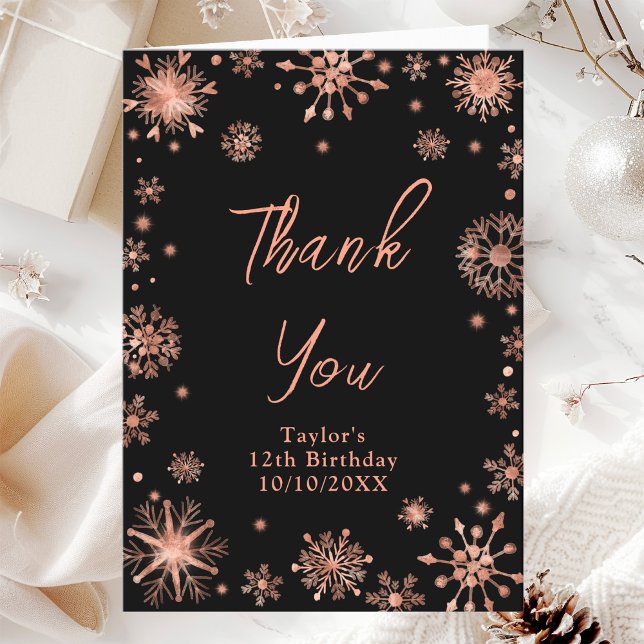 Rose Gold Snowflakes Birthday Party Thank You Card (Creator Uploaded)