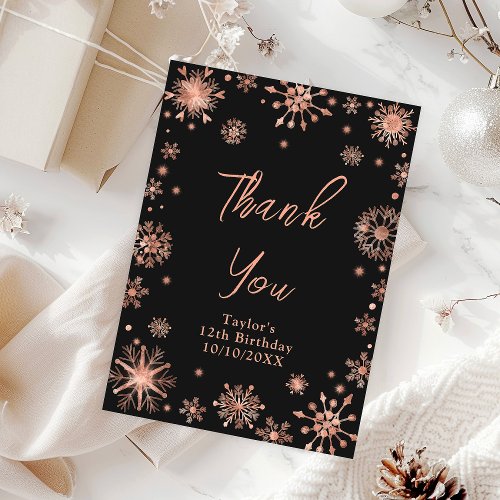 Rose Gold Snowflakes Birthday Party Thank You Card