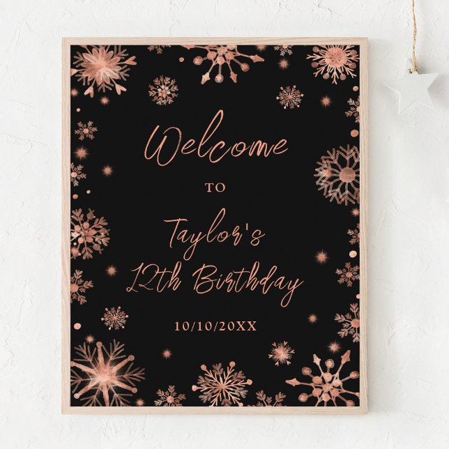 Rose Gold Snowflakes Birthday Party Welcome Poster (Creator Uploaded)