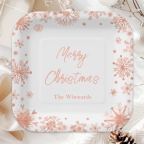 Rose Gold Snowflakes Christmas Party Paper Plates