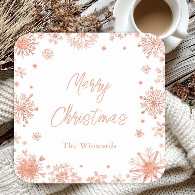 Rose Gold Snowflakes Christmas Party Square Paper Coaster (Creator Uploaded)