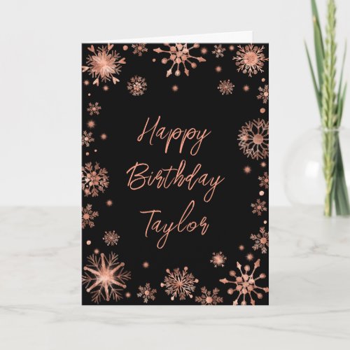 Rose Gold Snowflakes Happy Birthday Card