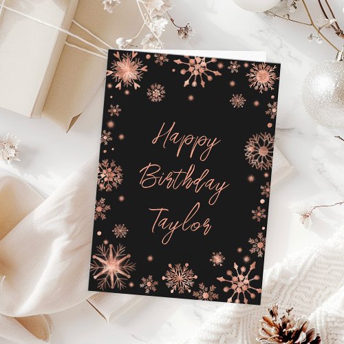 Rose Gold Snowflakes Happy Birthday Card