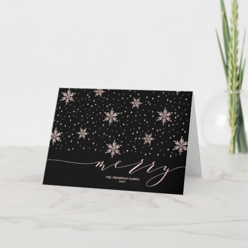 Rose gold Snowflakes Lettering Merry Christmas Hol Holiday Card