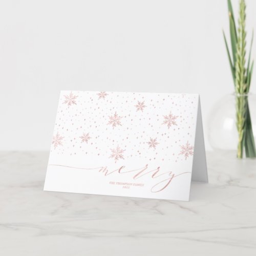 Rose gold Snowflakes Lettering Merry Christmas Holiday Card