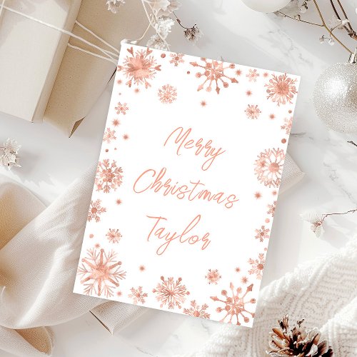 Rose Gold Snowflakes Merry Christmas with Name Holiday Card