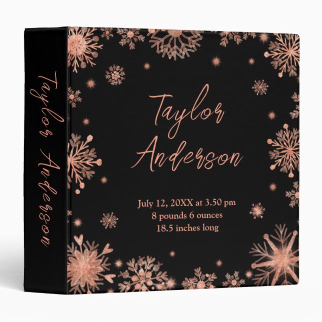 Rose Gold Snowflakes on Black Birth Stats 3 Ring Binder (Front/Spine)