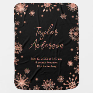 Rose Gold Snowflakes on Black Birth Stats Baby Blanket