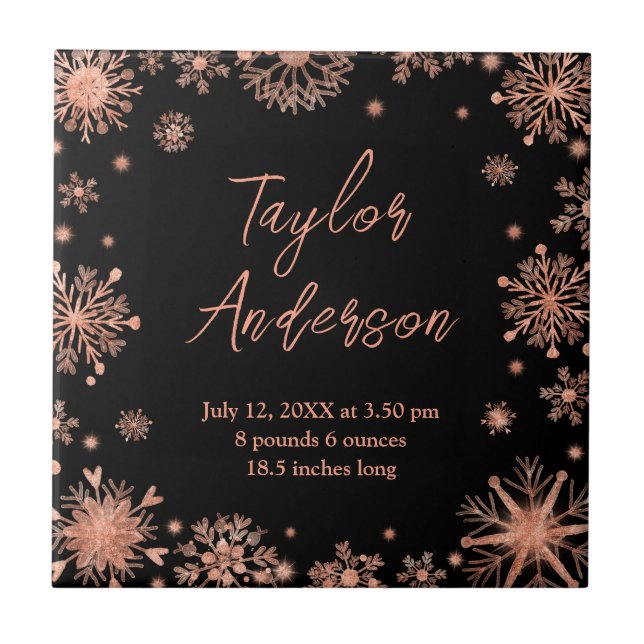 Rose Gold Snowflakes on Black Birth Stats Ceramic Tile (Front)