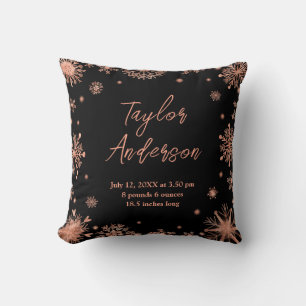 Rose Gold Snowflakes on Black Birth Stats Throw Pillow