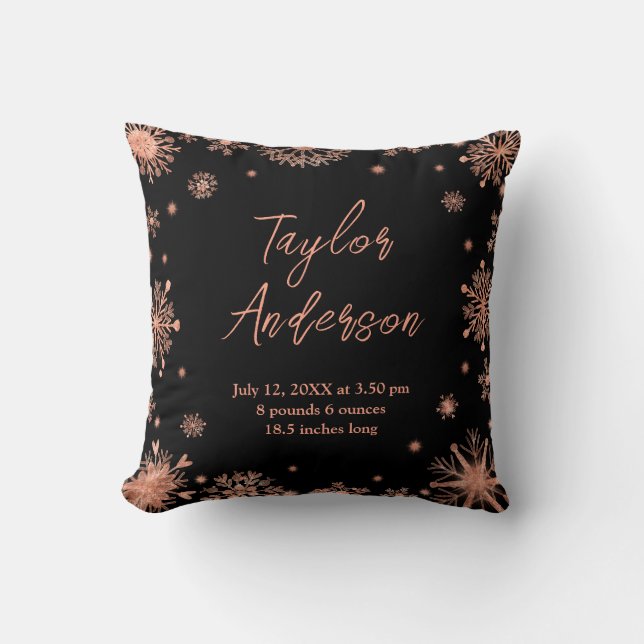 Rose Gold Snowflakes on Black Birth Stats Throw Pillow (Front)