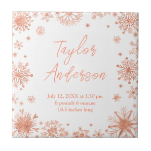 Rose Gold Snowflakes on White Birth Stats Ceramic Tile
