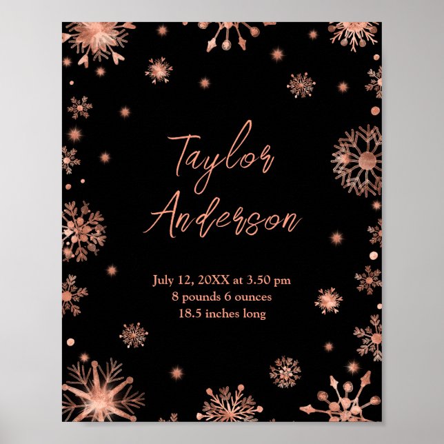 Rose Gold Snowflakes on White Birth Stats Poster (Front)