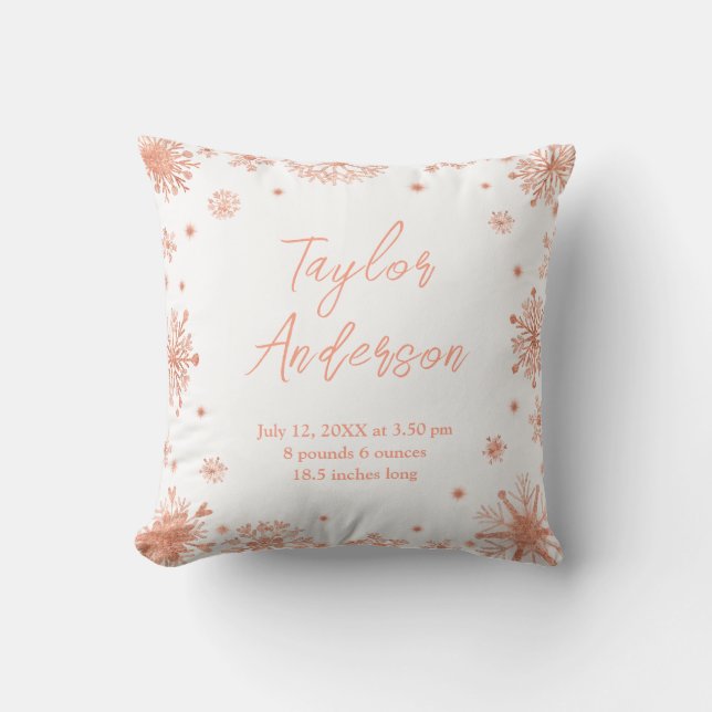 Rose Gold Snowflakes on White Birth Stats Throw Pillow (Front)