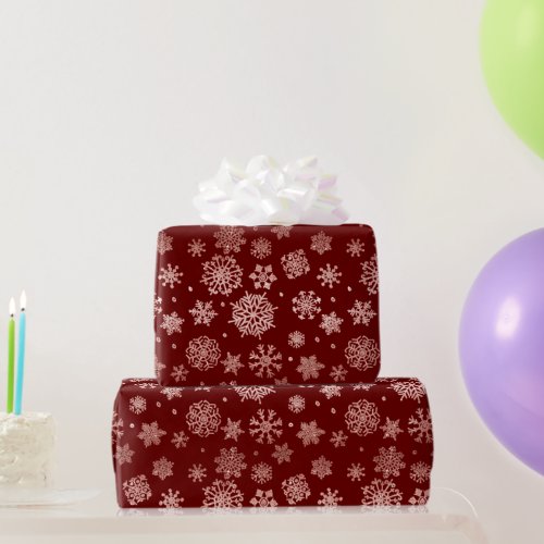 Rose Gold Snowflakes on Winterberry Red Xmas Gift Wrapping Paper