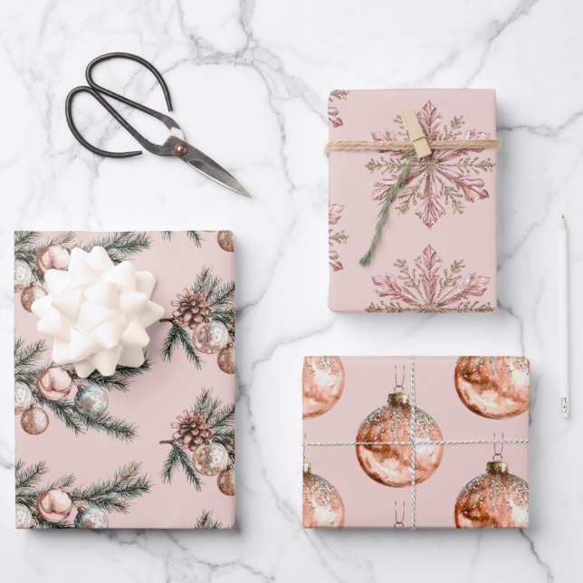 Rose Gold Snowflakes Ornaments Christmas  Wrapping Paper Sheets (Front)