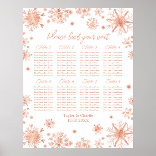 Rose Gold Snowflakes Wedding 8 Table Seating Chart