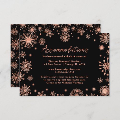 Rose Gold Snowflakes Wedding Accommodations Enclosure Card