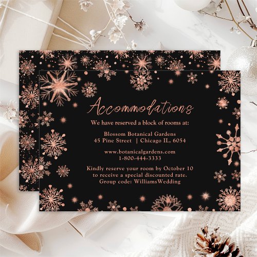 Rose Gold Snowflakes Wedding Accommodations Enclosure Card