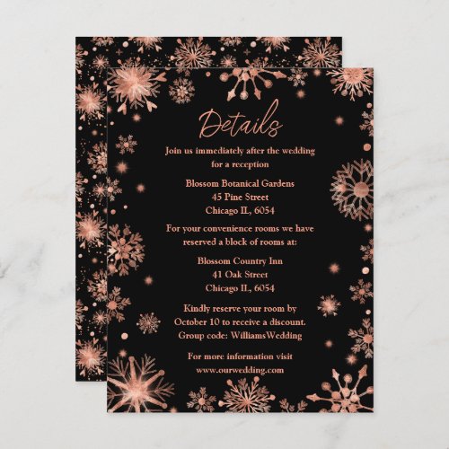 Rose Gold Snowflakes Wedding Details Enclosure Card