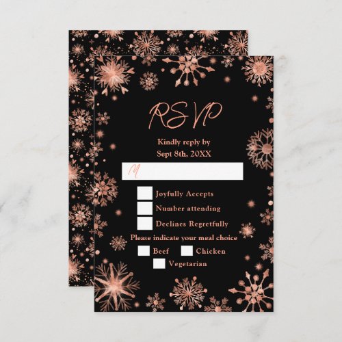 Rose Gold Snowflakes Wedding Meal Choice RSVP Card