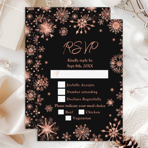 Rose Gold Snowflakes Wedding Meal Choice RSVP Card