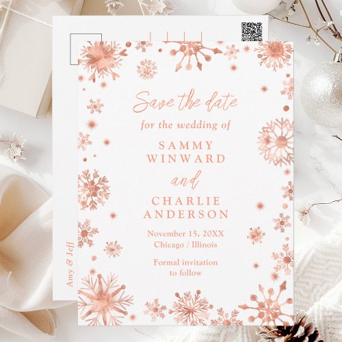 Rose Gold Snowflakes Wedding Save The Date Postcard