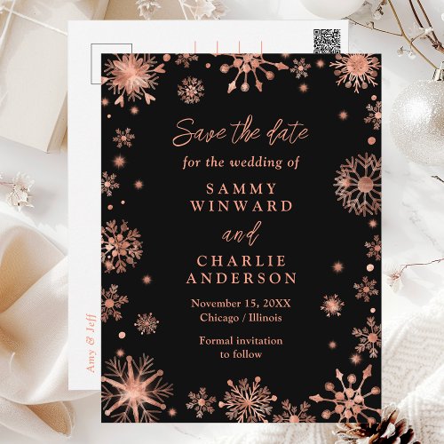 Rose Gold Snowflakes Wedding Save The Date Postcard