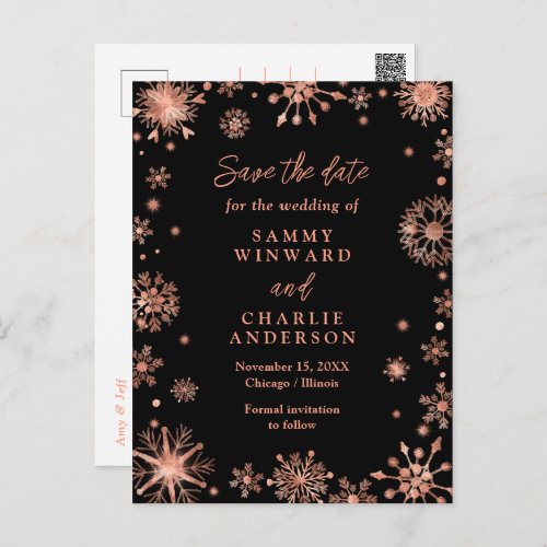 Rose Gold Snowflakes Wedding Save The Date Postcard