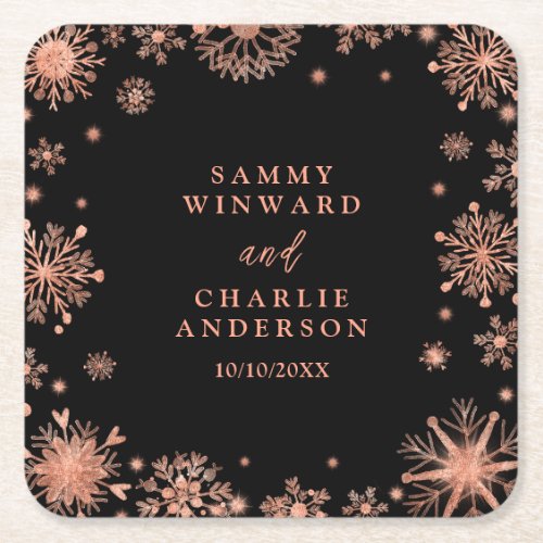 Rose Gold Snowflakes Wedding Square Paper Coaster
