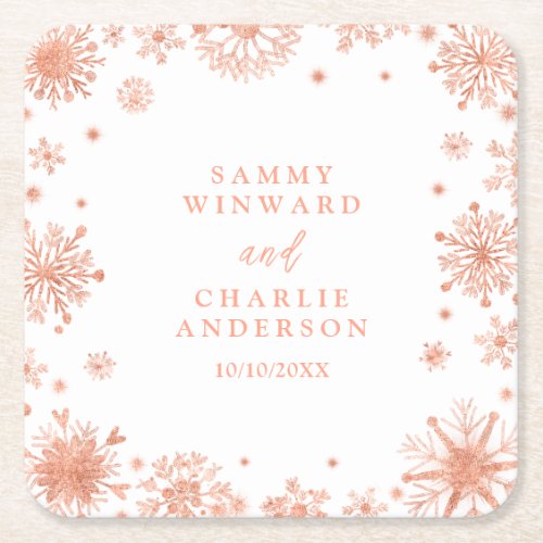 Rose Gold Snowflakes Wedding Square Paper Coaster