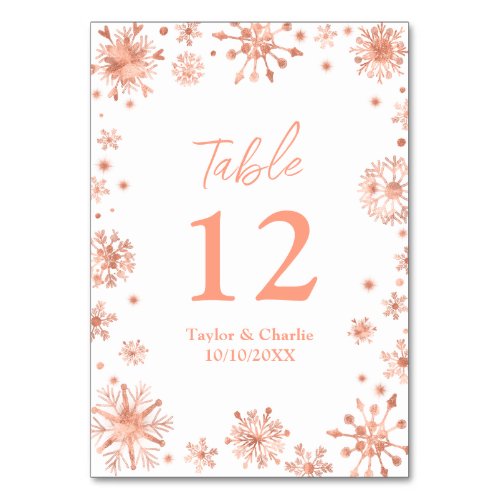 Rose Gold Snowflakes Wedding Table Number