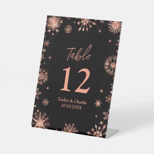 Rose Gold Snowflakes Wedding Table Number Pedestal Sign