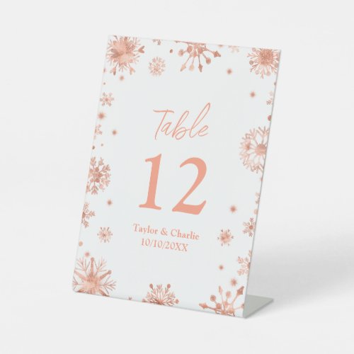 Rose Gold Snowflakes Wedding Table Number Pedestal Sign