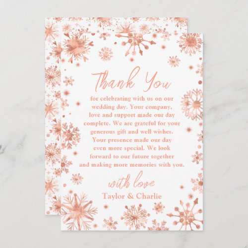 Rose Gold Snowflakes Wedding Thank You Card