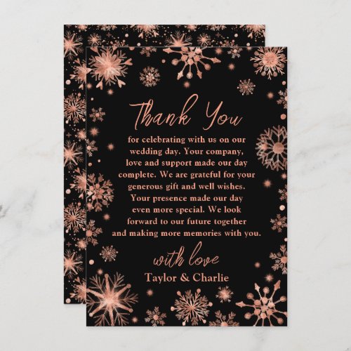 Rose Gold Snowflakes Wedding Thank You Card