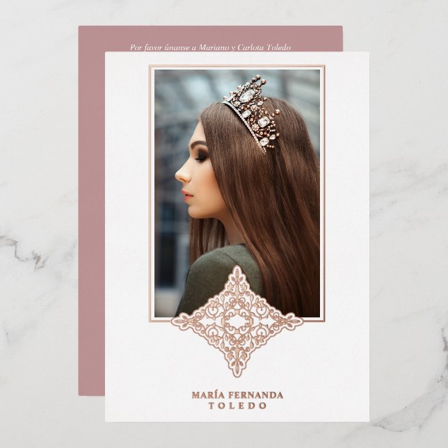 Rose Gold Spanish Real Lace Metallic My Quince Foil Invitation (Front/Back)