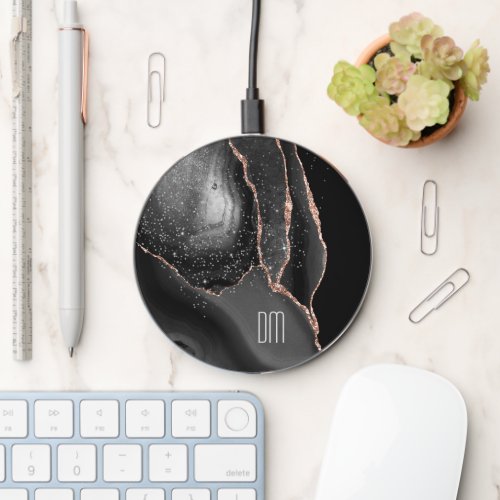 Rose Gold Sparkle Abstract Monogram Wireless Charger
