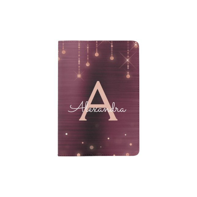 Rose Gold Sparkle and Burgundy Foil Monogram Passport Holder (Front)