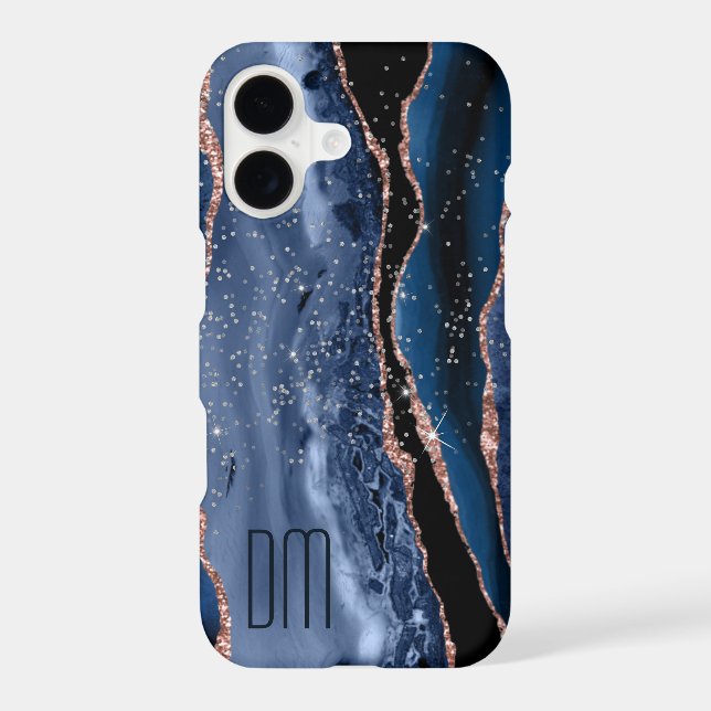 Rose Gold Sparkle Blue Abstract Monogram Case-Mate iPhone Case (Back)