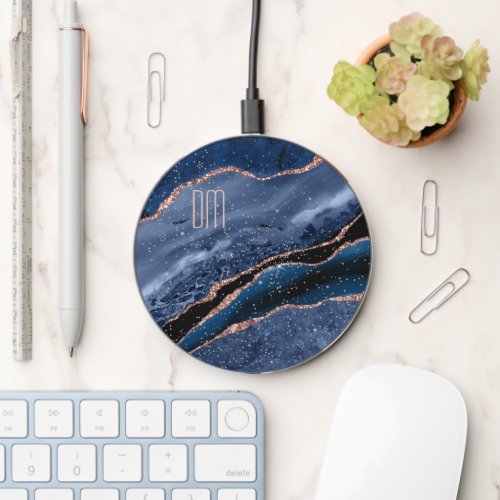 Rose Gold Sparkle Blue Abstract Monogram Wireless Charger