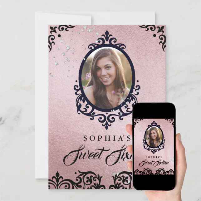 Rose Gold Sparkle Damask Photo Sweet Sixteen Invitation Zazzle