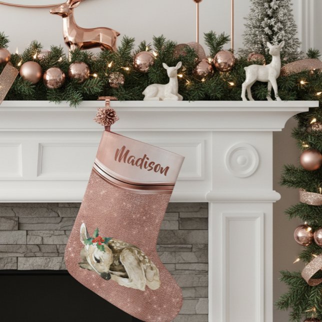 Rose Gold Sparkle Deer Fawn Personalized Small Christmas Stocking (Creator Uploaded)