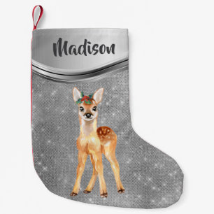 Rose Gold Sparkle Deer Fawn Personalized Small Christmas Stocking