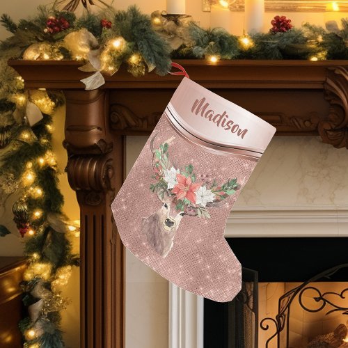 Rose Gold Sparkle Deer Pretty Personalized Small Christmas Stocking