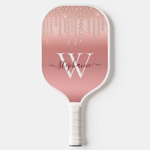 Rose Gold Sparkle Diamond Monogram Script Pickleball Paddle